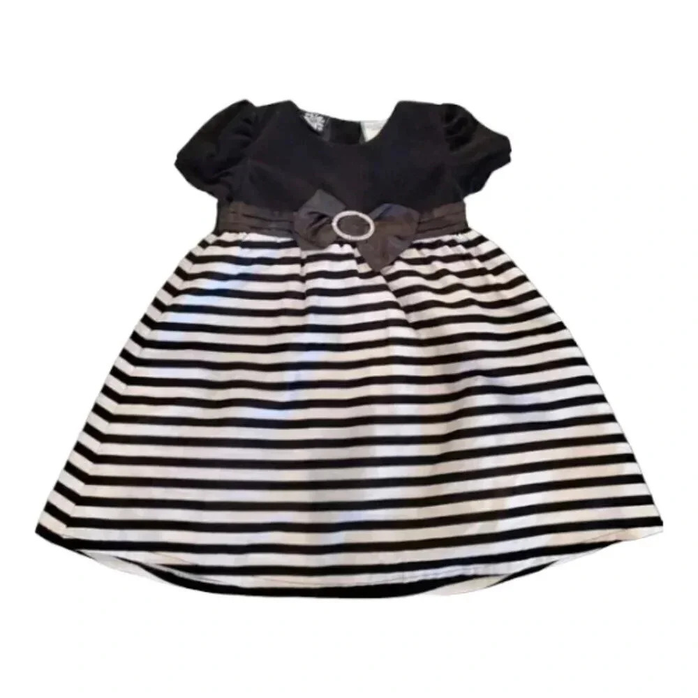 24m, Sol La Vita- Black and White Velvet Stripe Baby Dress